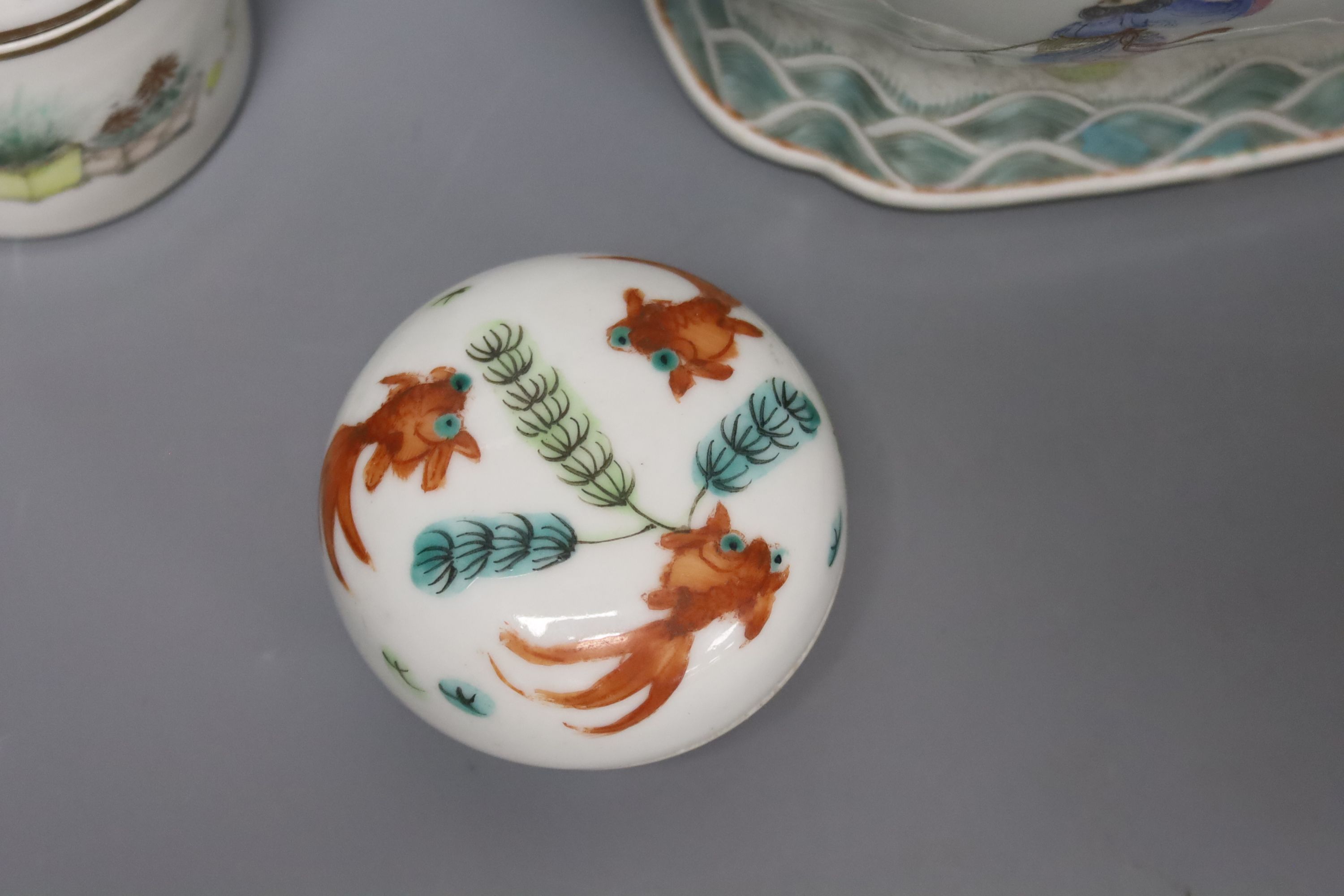 A Chinese small square porcelain bowl, Jiaqing mark, and four items of late 19th/early 20th century Chinese porcelain